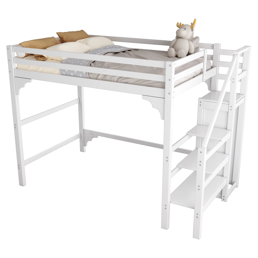 OKWISH Letto a Soppalco 140×200 cm, Letto Matrimoniale con Scala Contenitore e Armadio, senza Materasso, in Pino, Bianco