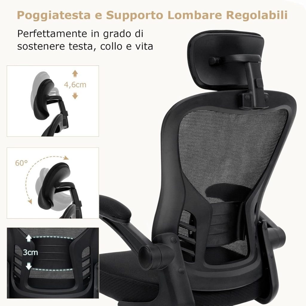 Sedia da Ufficio Ergonomica in Rete, Sedia Direzionale con Altezza Regolabile, Braccioli Ribaltabili, Poggiatesta e Supporto Lombare Regolabili, Sedia Girevole per Studio Casa, Portata 135 kg