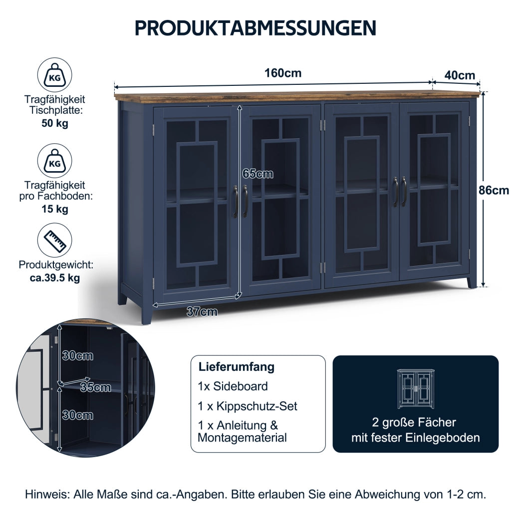 Credenza e madia con ante in vetro, 2 vani, piano effetto legno, in MDF, per cucina e soggiorno 160 × 40 × 86 cm