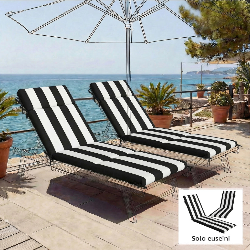 Set 2 Cuscini per Sedie da Esterno 183x54x6,5 cm con 6 Lacci di Fissaggio in Cotone Nero e Bianco