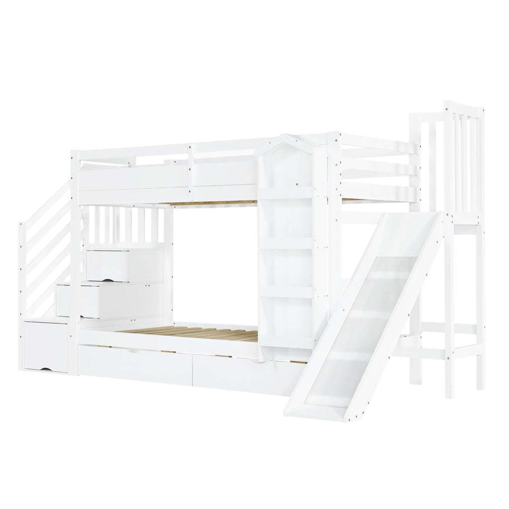 Letto a castello per bambini con scivolo; scala contenitore e 2 cassetti; bianco; 90x200 cm