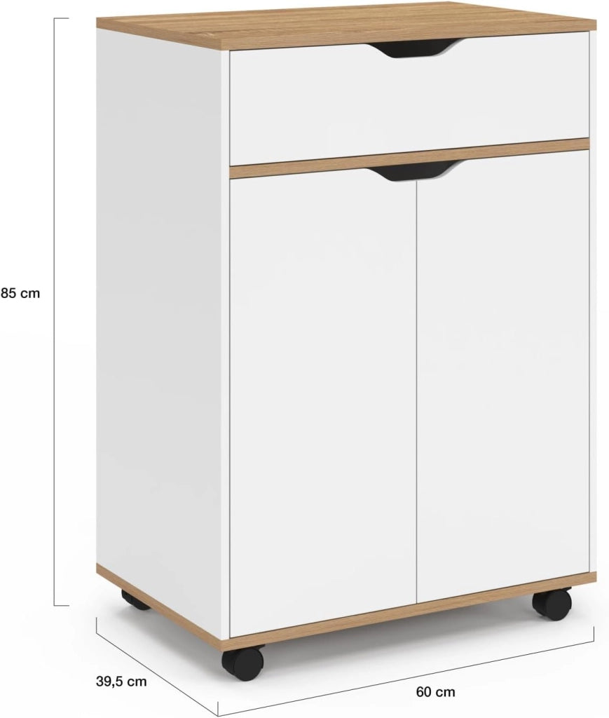 Credenza COSY con cassetto in legno bianco e ripiani in faggio L.60 CM