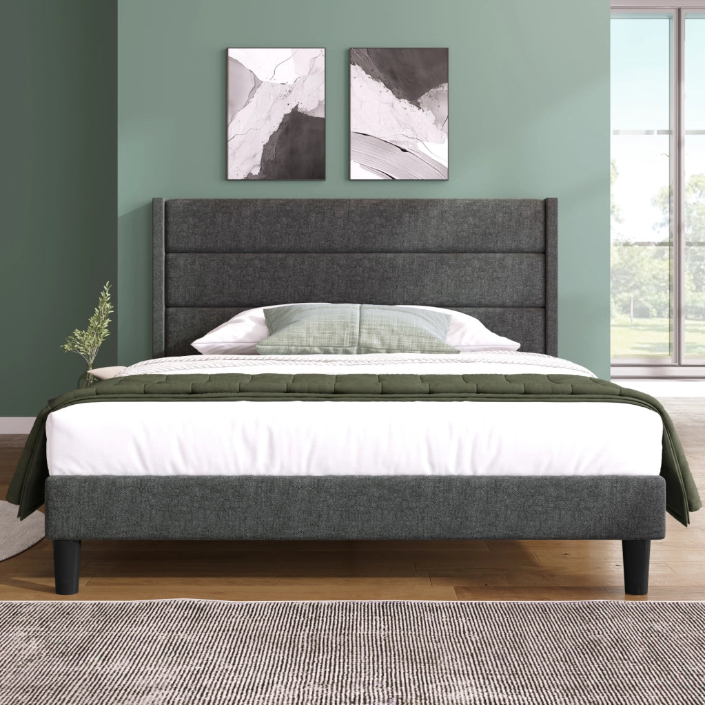 Letto imbottito 140x200 cm; testiera trapuntata; lino grigio scuro (Senza materasso)