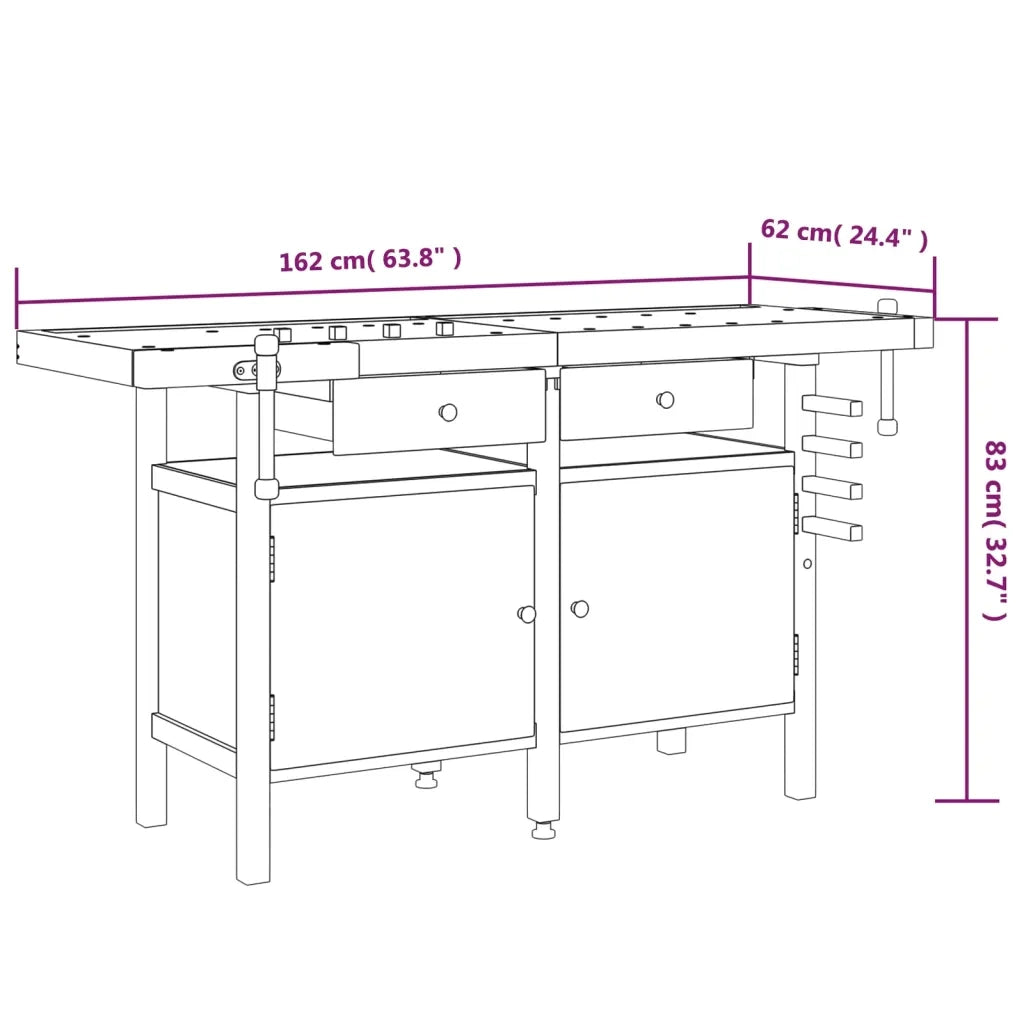 Banco Lavoro Cassetti e Morse 162x62x83cm Legno Massello Acacia 153324