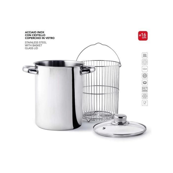 Abert HOTPOT Asparagiera in Acciaio Inox con Cestello e Coperchio in Vetro Diametro 16 cm Adatta per Induzione Lavabile in Lavastoviglie colore Inox