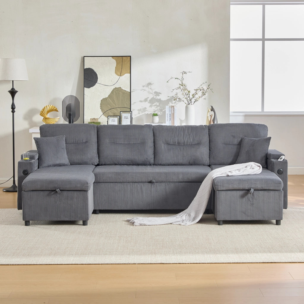 Divano 4 posti con doppia chaise longue; contenitore; portabevande e USB-C grigio carbone