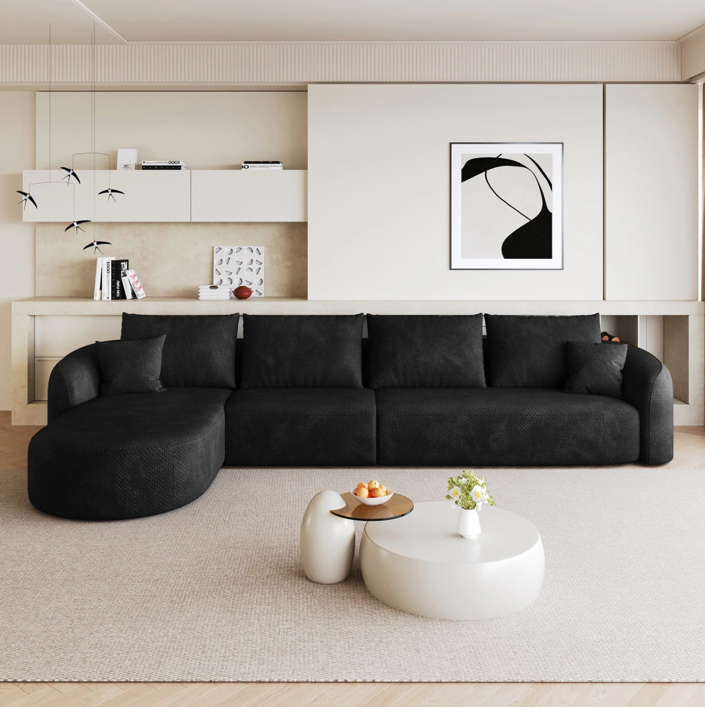 Divano angolare a L modulare 336x168 cm in tessuto di ciniglia nero