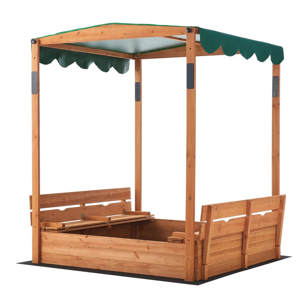 Sabbiera quadrata in legno con panche pieghevoli e tetto regolabile 145 x 118 x 118 cm 03_0006395