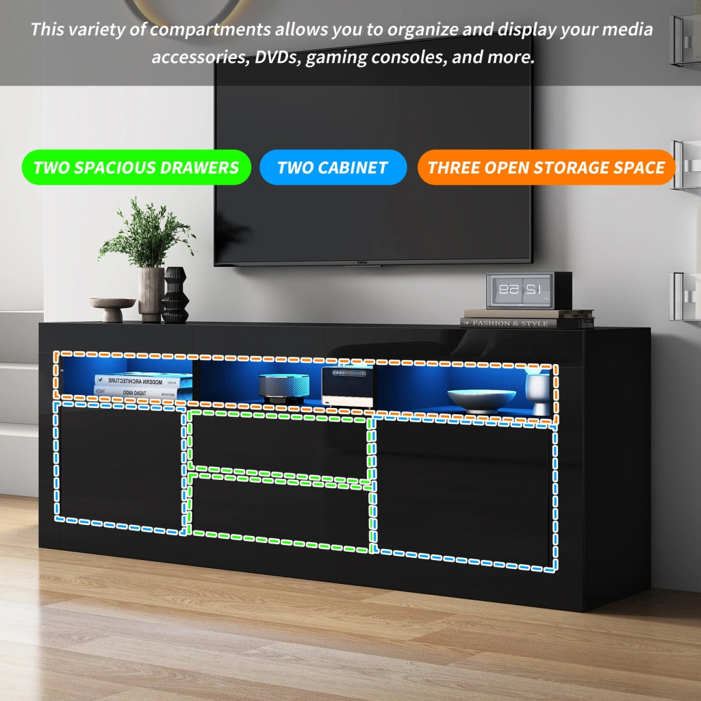 Mobile TV con 2 Ante; 2 Cassetti e 3 Vani Aperti e LED; Nero Lucido; Soggiorno; 160¡Á35¡Á60 cm; in Truciolare