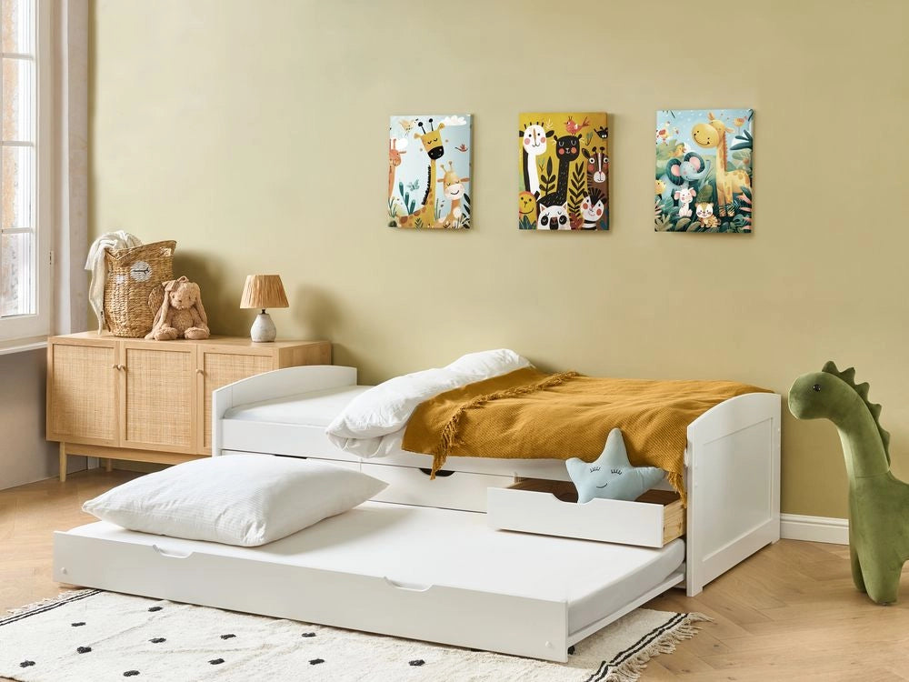 Letto estraibile per bambini in legno di pino bianco UE a misura singola Telaio Extra Silde Out con cassetti di stoccaggio