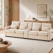 Divano a 4 posti con console; portabicchieri; USB e tasche laterali; beige