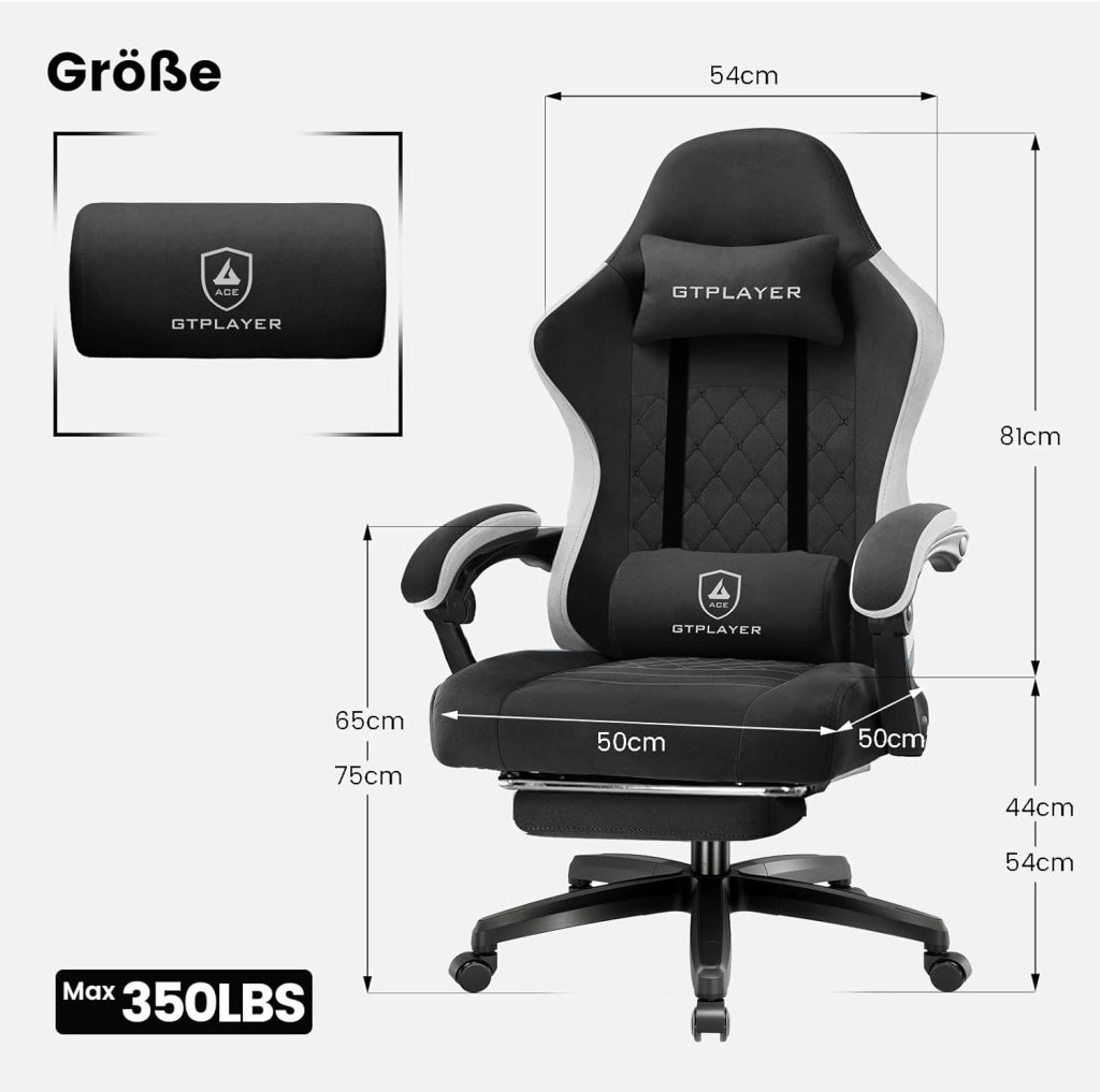 Sedia da gaming, in tessuto, con cuscino a molla, ergonomica, girevole, con poggiapiedi, capacità di carico 150 kg, colore: nero