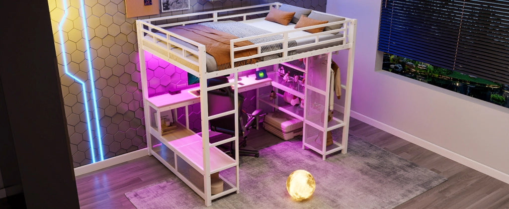 Letto a soppalco 140 × 200 cm con scrivania, ripiani, armadio aperto e LED, senza materasso, bianco