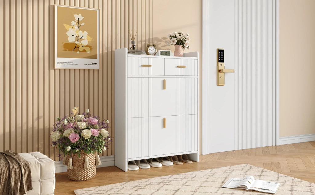 Scarpiera moderna bianca con 2 ante ribaltabili e 2 cassetti, 2 ripiani, per ingresso, 75x24x108,5 cm