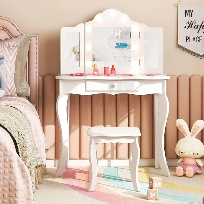 Toeletta Trucco 2 in 1 per Bambina, Specchiera Staccabile per Ragazza in Legno con Sgabello, Cassetto, Ripiani e Giocattoli, Postazione Trucco per 3 Anni, 70 x 34 x 103 cm(Bianco)