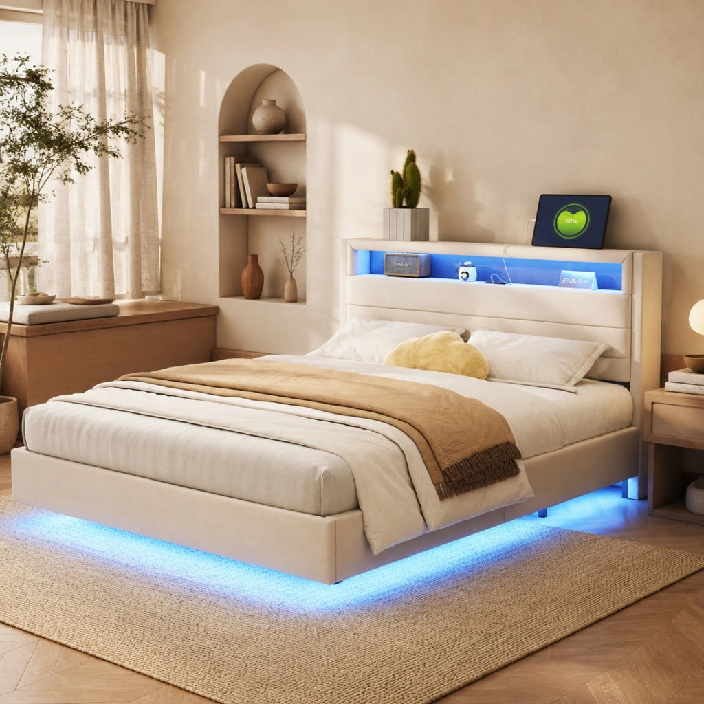 LETTO 140x200 cm in tessuto Beige con USB e luci LED