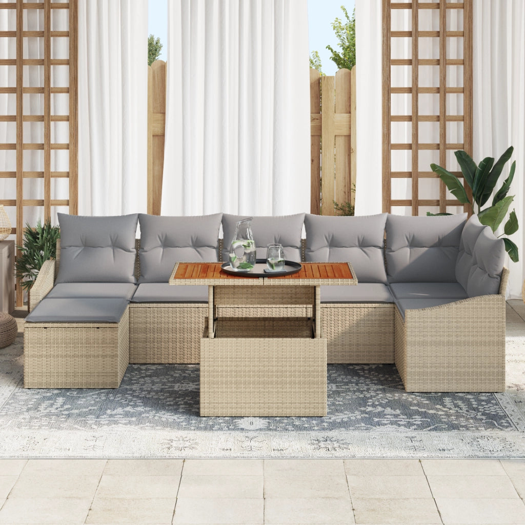 Set da Pranzo da Giardino 8 Pezzi con Cuscini Beige Polyrattan Acacia