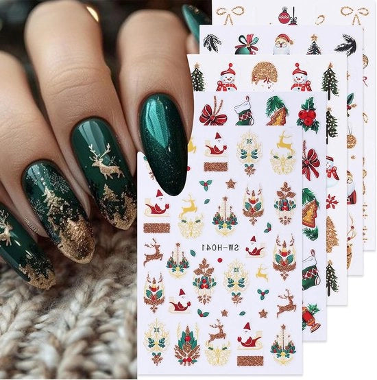 Nail Stickers per Natale - 5 Lamelle Adesive per Fingernagel con Fiori di Neve, Albero di Natale e Babbo Natale per Decorazioni per Feste e Accessori per Fingernagel