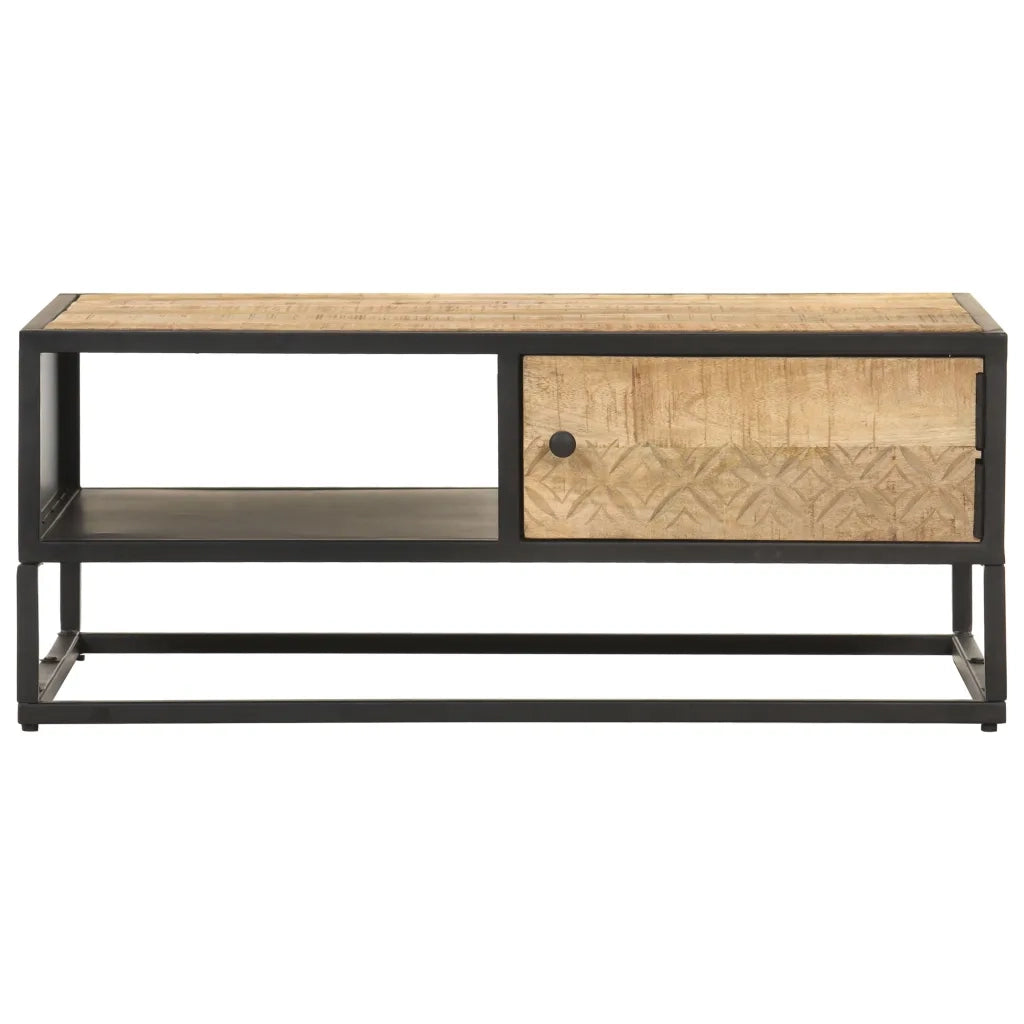 Tavolino con Anta Intagliata 90x55x36 cm Legno di Mango Grezzo
