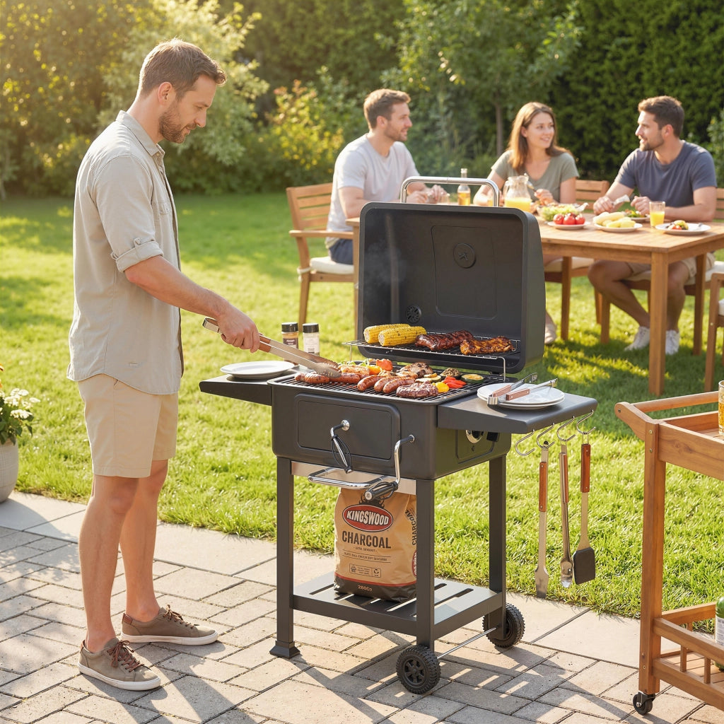 Barbecue a Carbone, Griglia Smoker con Ruote per Uso Esterno, Nero