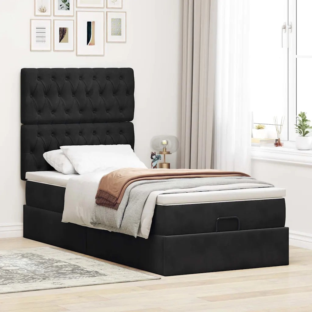 Struttura Letto Pouf con Materassi Nero 90x200 cm in Velluto