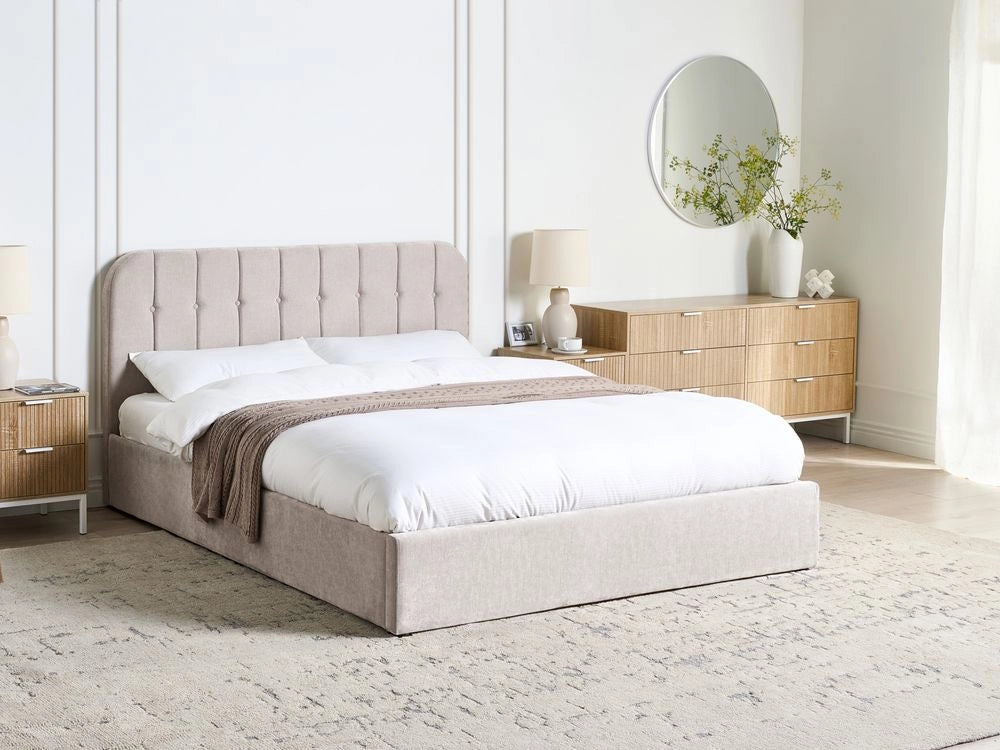 Letto matrimoniale 160 x 200 cm in tessuto di ciniglia Base letto a doghe Testiera trapuntata tortora