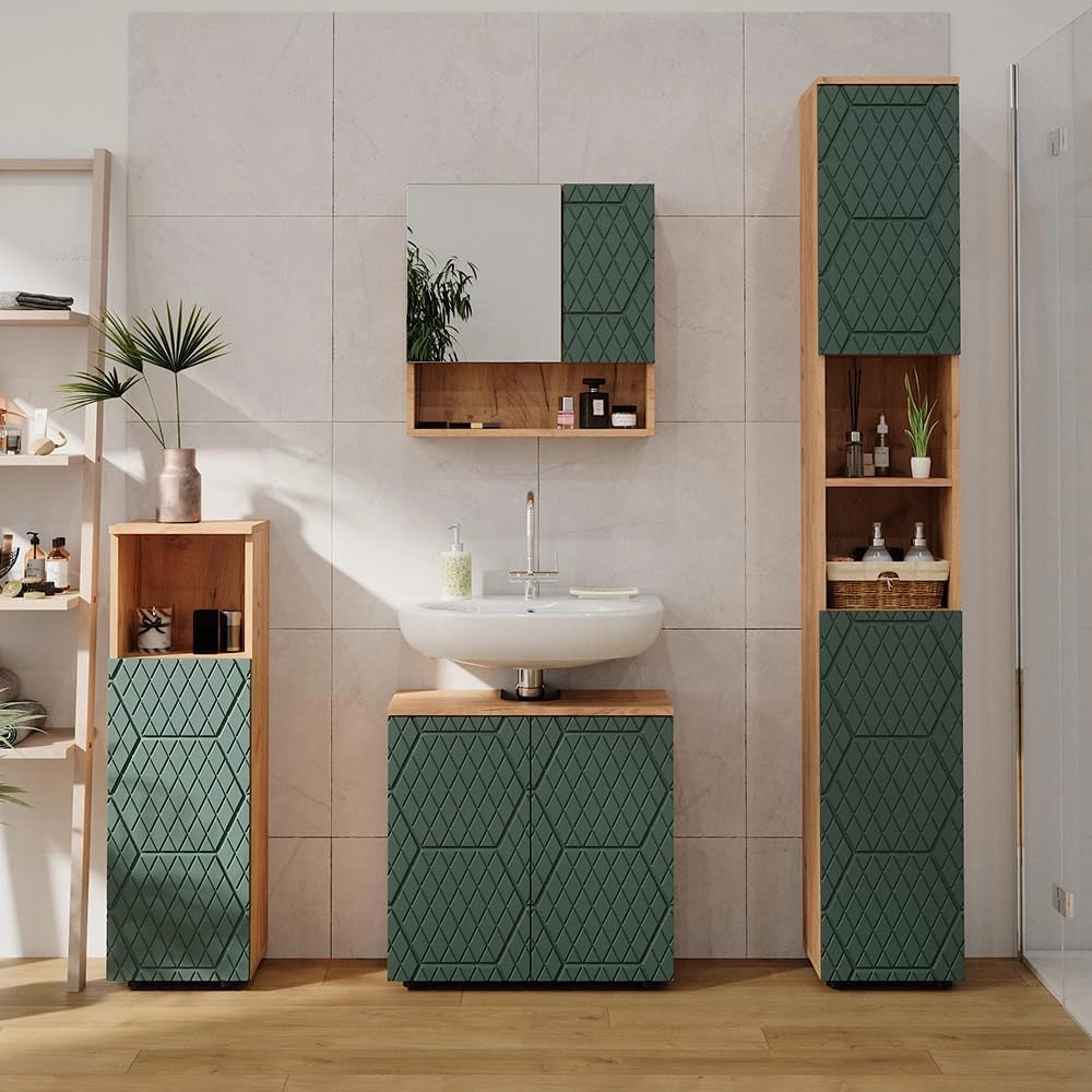 Mobile midi Irma, Quercia verde/oro, 30 x 95 cm, per la conservazione di accessori da bagno e combinabile con Irma