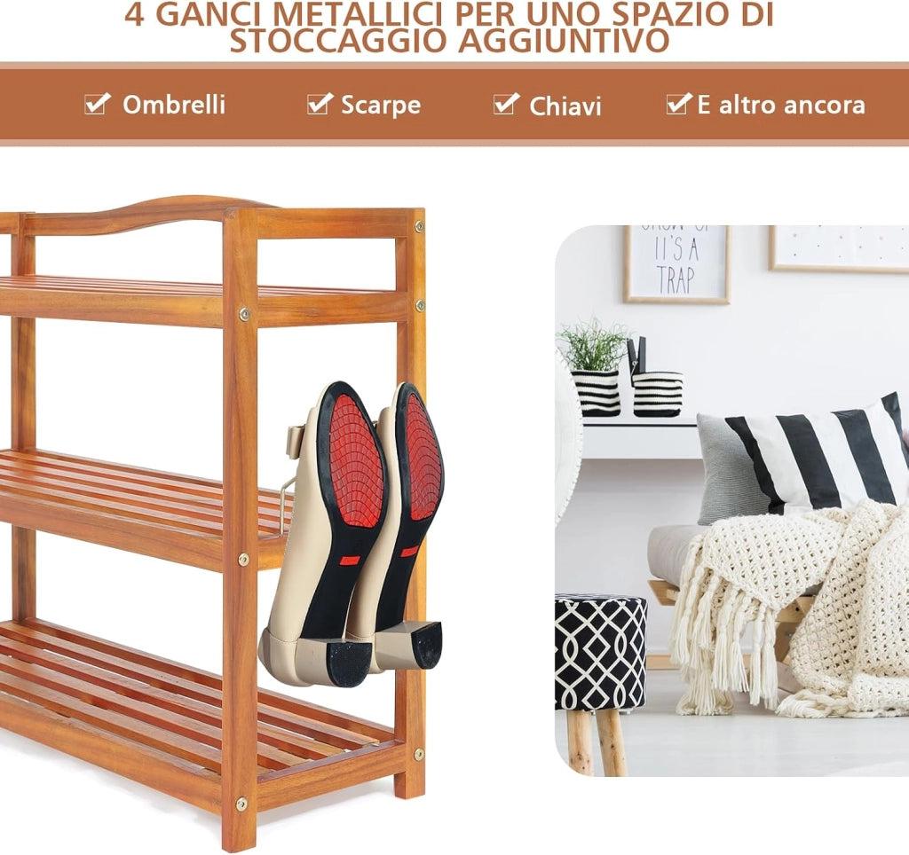 Scarpiera a 2 Livelli, Scaffale per Scarpe in Legno di Acacia Solido con Ganci Laterali in Metallo, Contiene 12 Paia, Capacità di Ogni Ripiano 20 kg, 74 x 26 x 42 cm (3 Livelli)