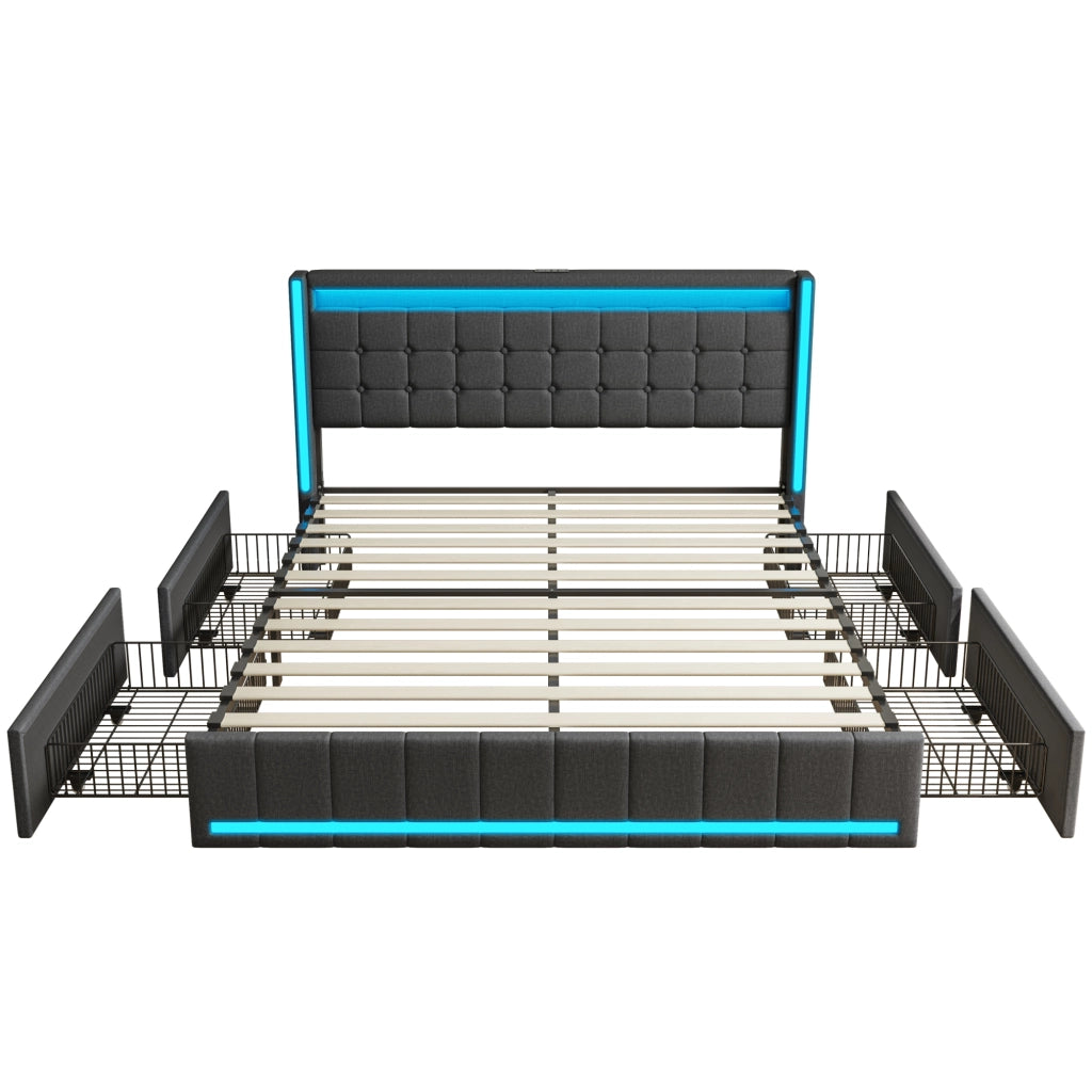 Letto 160x200 cm con contenitore; LED e porte USB in legno e MDF grigio scuro