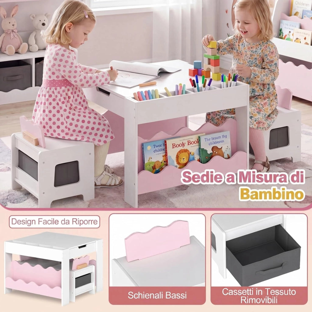 4 in 1 Set Tavolo e 2 Sedie per Bambini 3+ Anni (Rosa e Bianco) | Tavolo e Sedie con Lavagna Rimovibile, Sedia con Cassetto in Tessuto, Mobile in Legno Versatile per Cameretta e Soggiorno