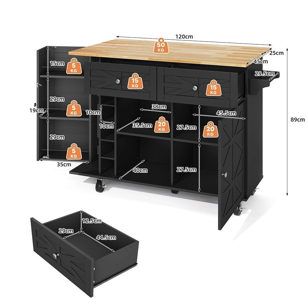 Isola da cucina con piano ribaltabile - Xylo - 5 ruote bloccabili, scaffale porta, porta bottiglie e bicchieri, nero, 120x45(70)x89 cm
