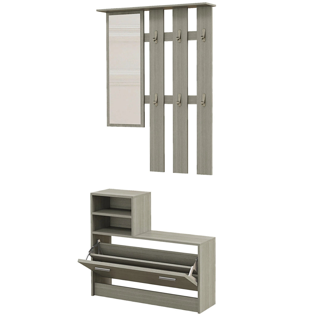 Set Ingresso con Appendiabiti, Specchio, Panca e Scarpiera ¨C zephmum ¨C Grigio, Legno, 8 Paia