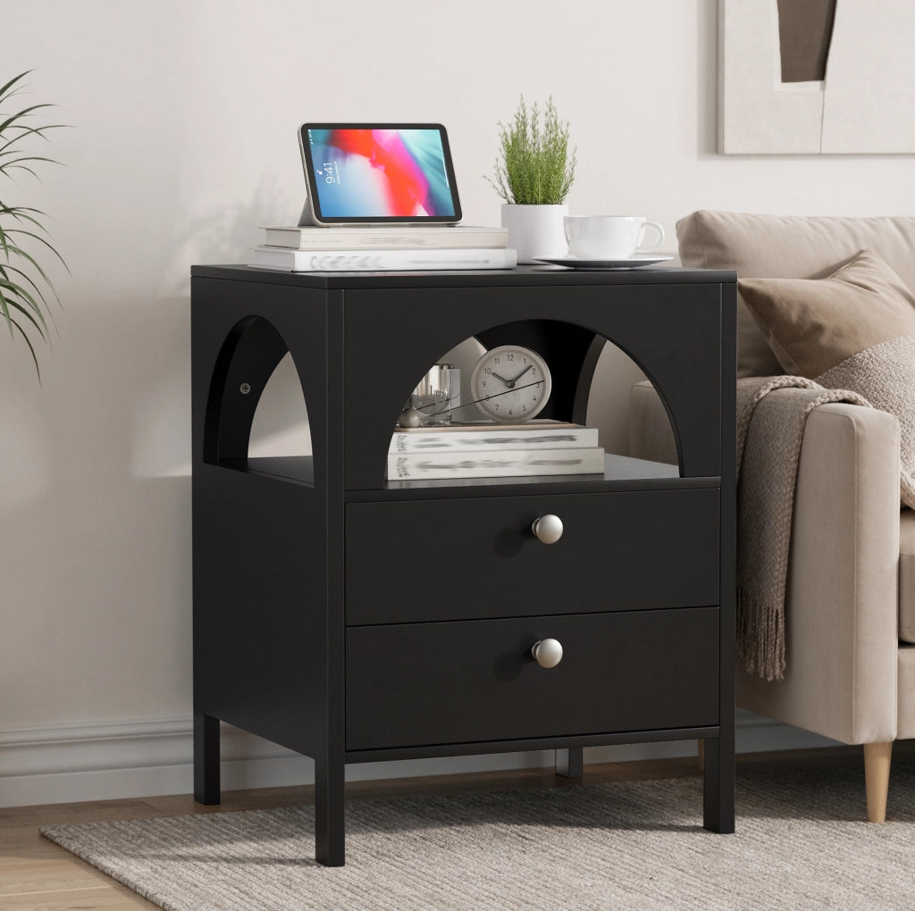 Comodino ULEVR nero in MDF con 2 cassetti e vano aperto, mobile contenitore per camera da letto