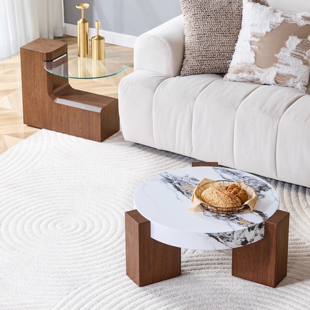 Set di Tavolini da Salotto in MDF Effetto Noce con Piano in Vetro Temperato Trasparente, 2 Pezzi, Design Rotondo