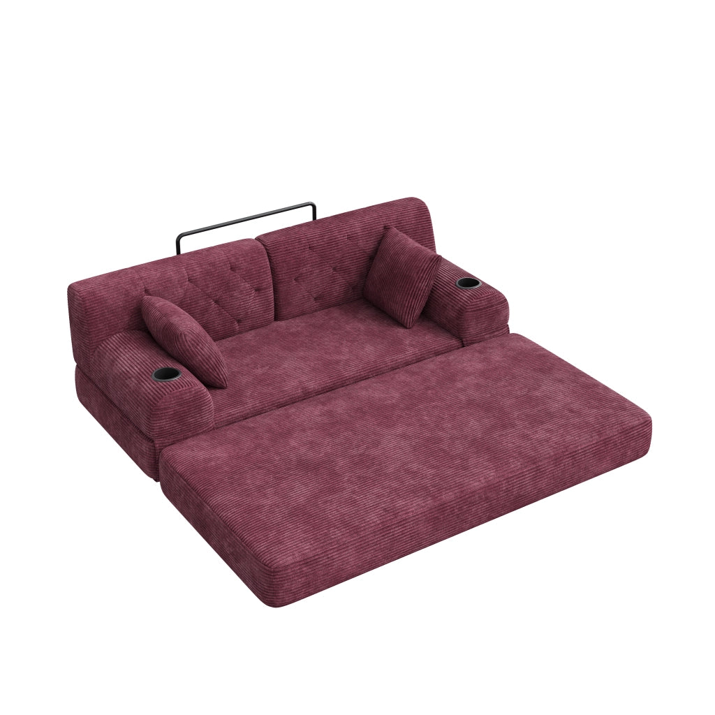 Divano letto compatto in corduroy con schienale alto, tasche laterali, portabicchieri e struttura in metallo