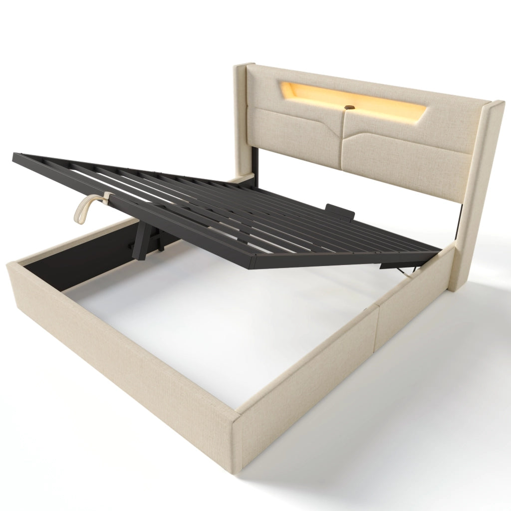 OKWISH Letto Contenitore 140×200 cm, Letto Matrimoniale con USB, Type C e LED Regolabile, senza Materasso, in Lino, Beige