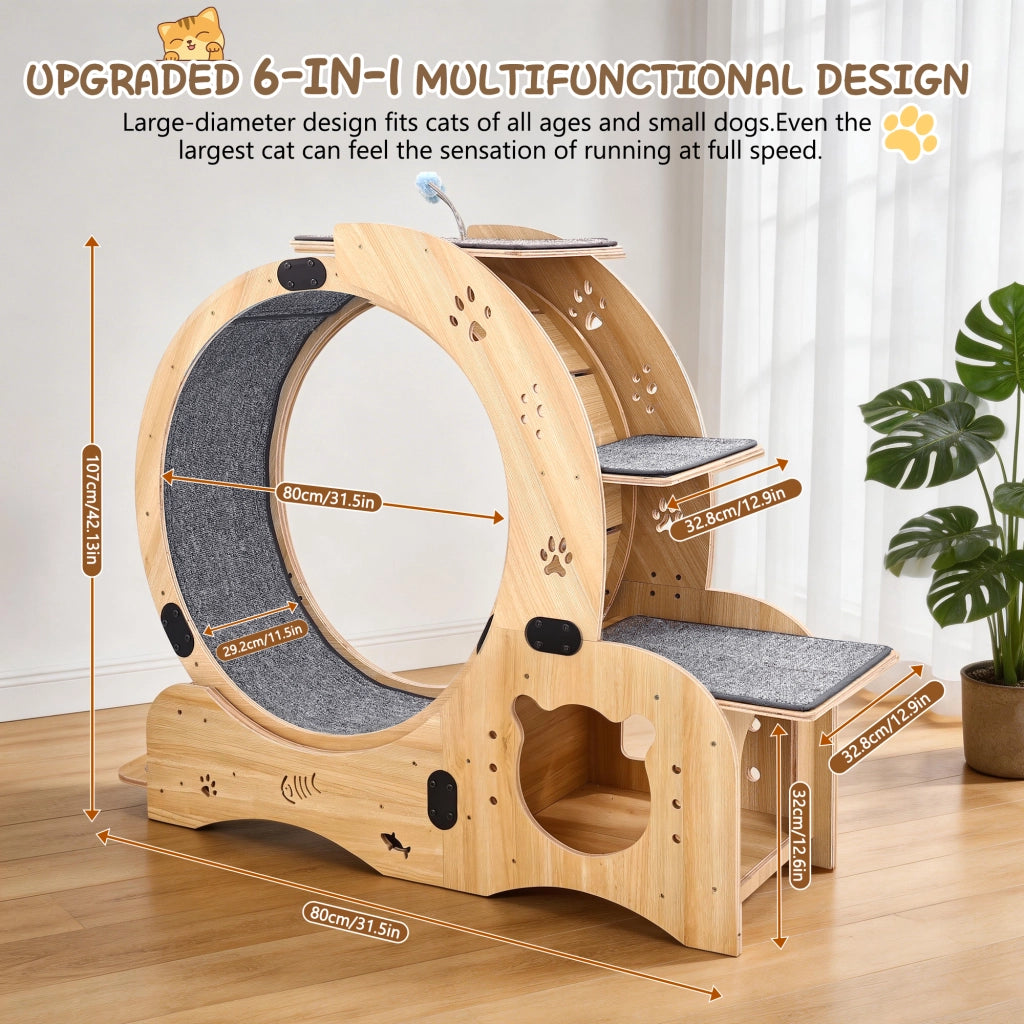 RUOTA PER GATTI 6-in-1 in legno naturale, grande, per interni