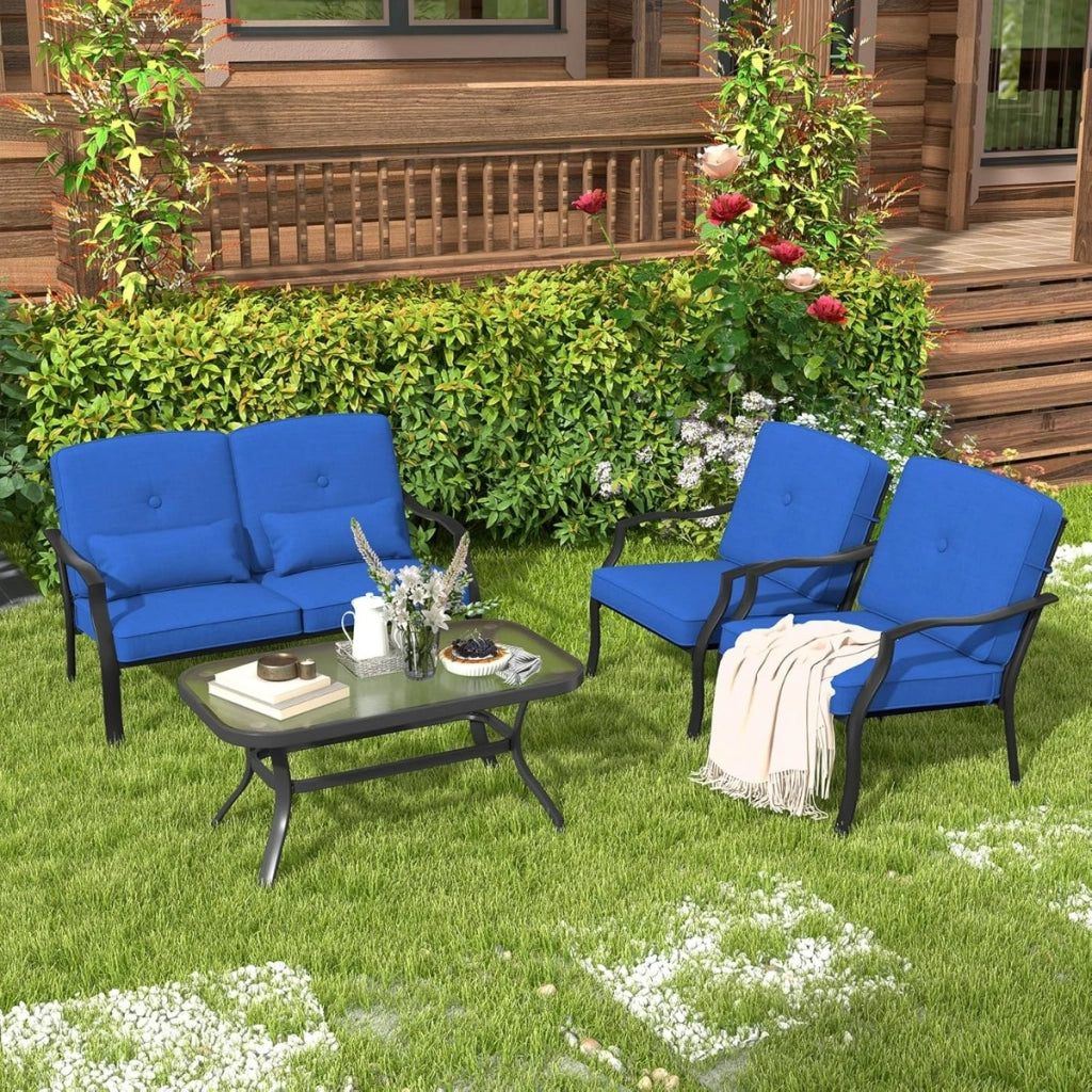Set di mobili da giardino 4 pezzi, Set bistro da patio con cuscini e tavolino in vetro temperato