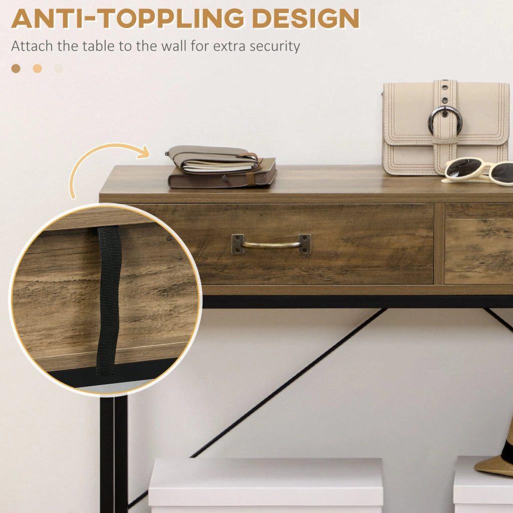 Tavolo consolle industriale con 2 cassetti e ripiano 100x35x76;5 cm marrone nero
