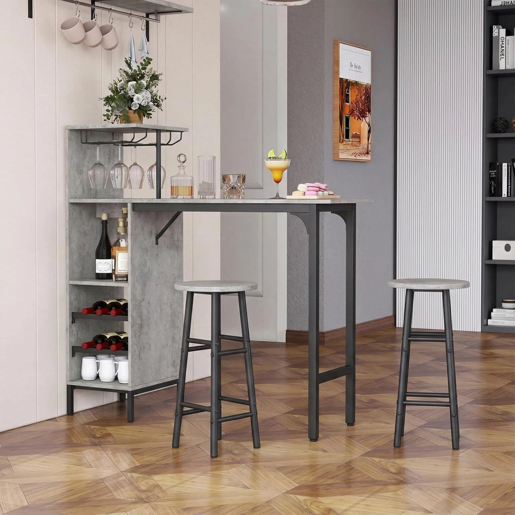 Set 3 Pezzi Tavolo e Sedie da Bar, Tavolo e Sgabelli da Pub Industriale con Porta Calici e 6 Portabottiglie da Vino, Set di Tavolo per Sala da Pranzo, Ristorante e Bar (Grigio)