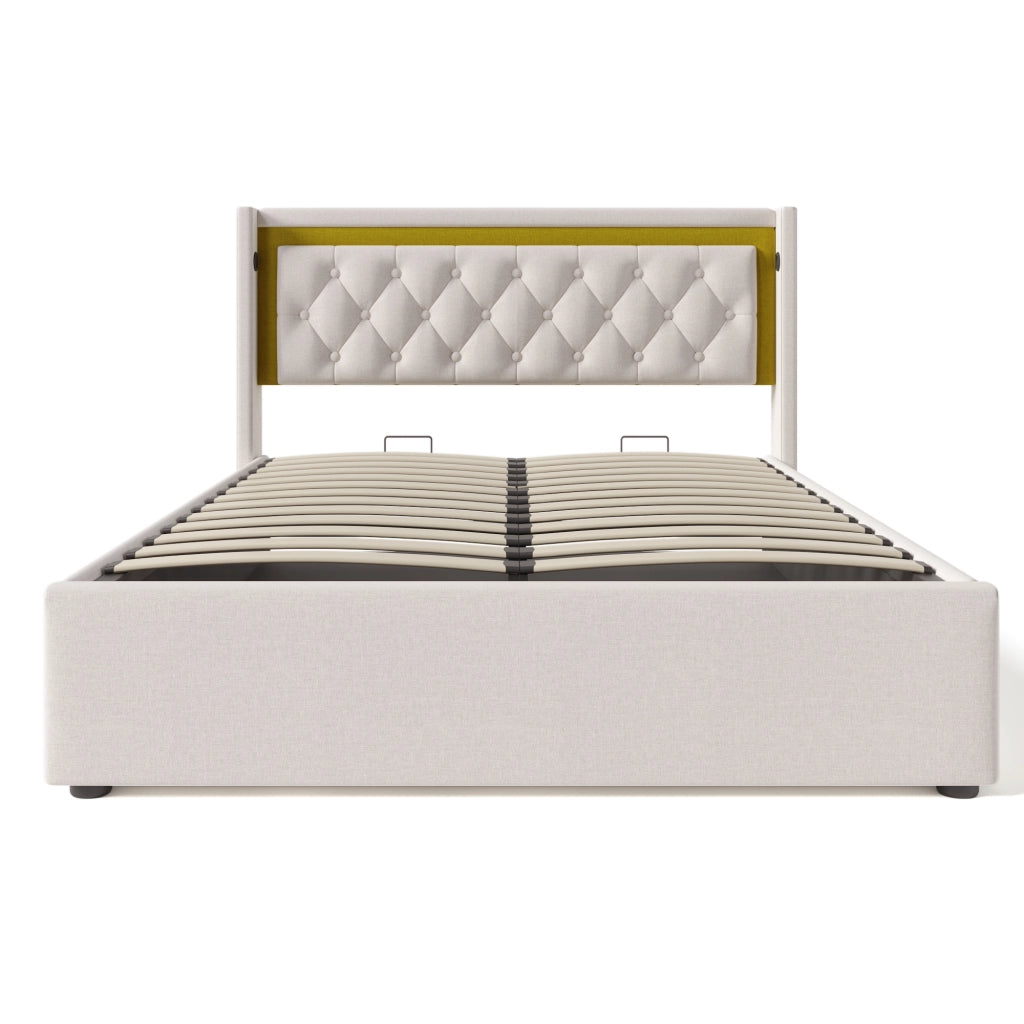 OKWISH Letto Contenitore Letto Matrimoniale, USB, Tipo C e LED, 140 x 200 cm, con Materasso, Beige