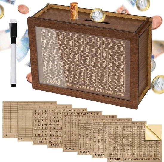 Spazio di Risparmio in Legno Riciclabile - Cassetto di Risparmio per 5000€ - Con Contatore e Sfida di Risparmio - Cassetto di Monete per Bambini e Adulti - 500-10000€ Obiettivo