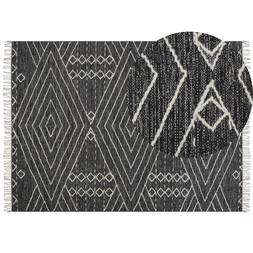 Tappeto in cotone bianco sporco nero 160 x 230 cm motivo geometrico nappe tribale orientale moderno