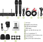 Sistema di Microfono a Mano doppio a Metallo UHF Oplaadbaar Bluetooth 5.0 con Entrata e Uscita 6,35 mm per Karaoke Macchina Mixer Soundbar