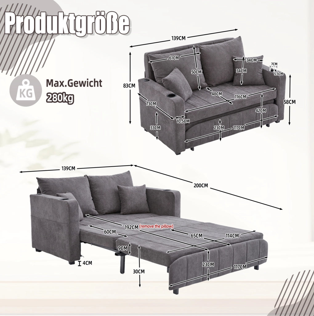 Divano letto multifunzionale in chenille grigio 139x83x58 cm; con cuscini e tasca laterale