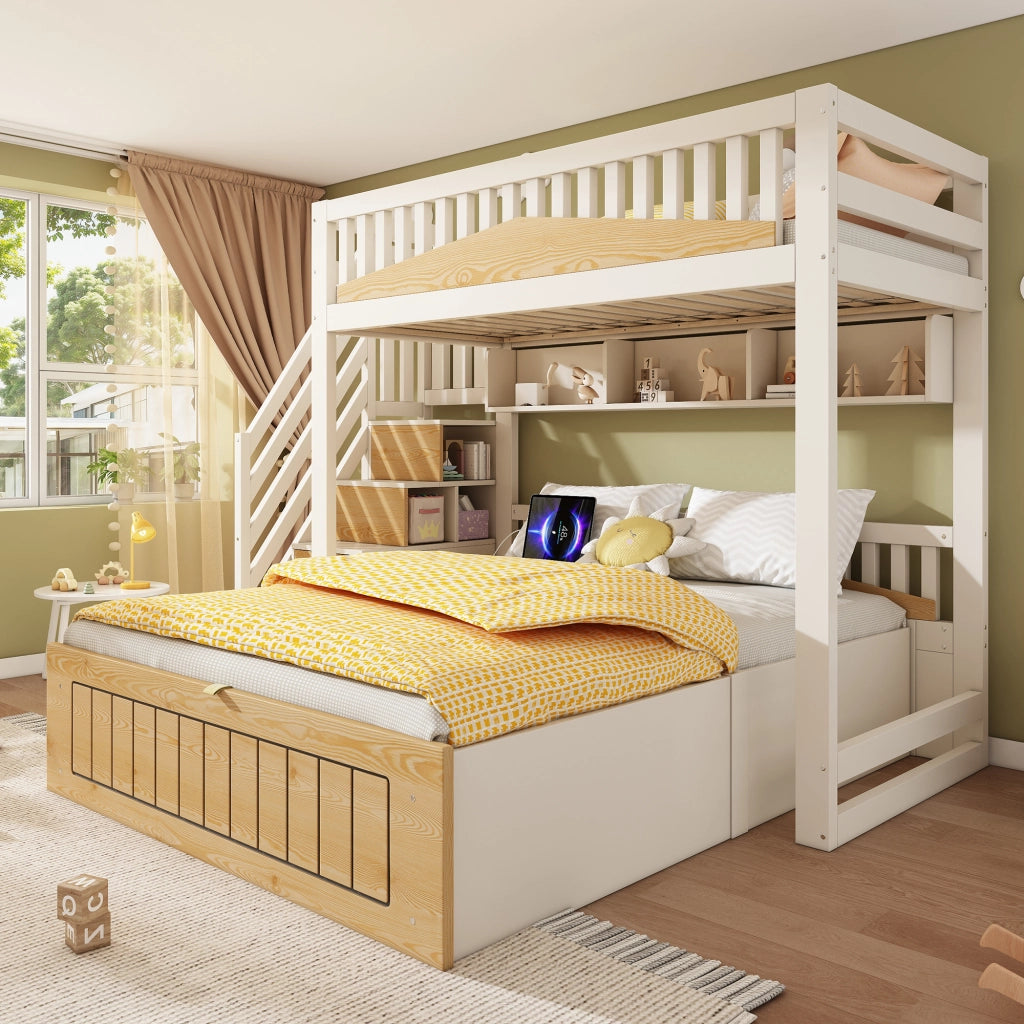OKWISH Letto a Castello 90×200 cm e 140×200 cm, Letto 3 Posti con Vano Contenitore, Scala con Contenitori, USB e USB C, senza Materasso
