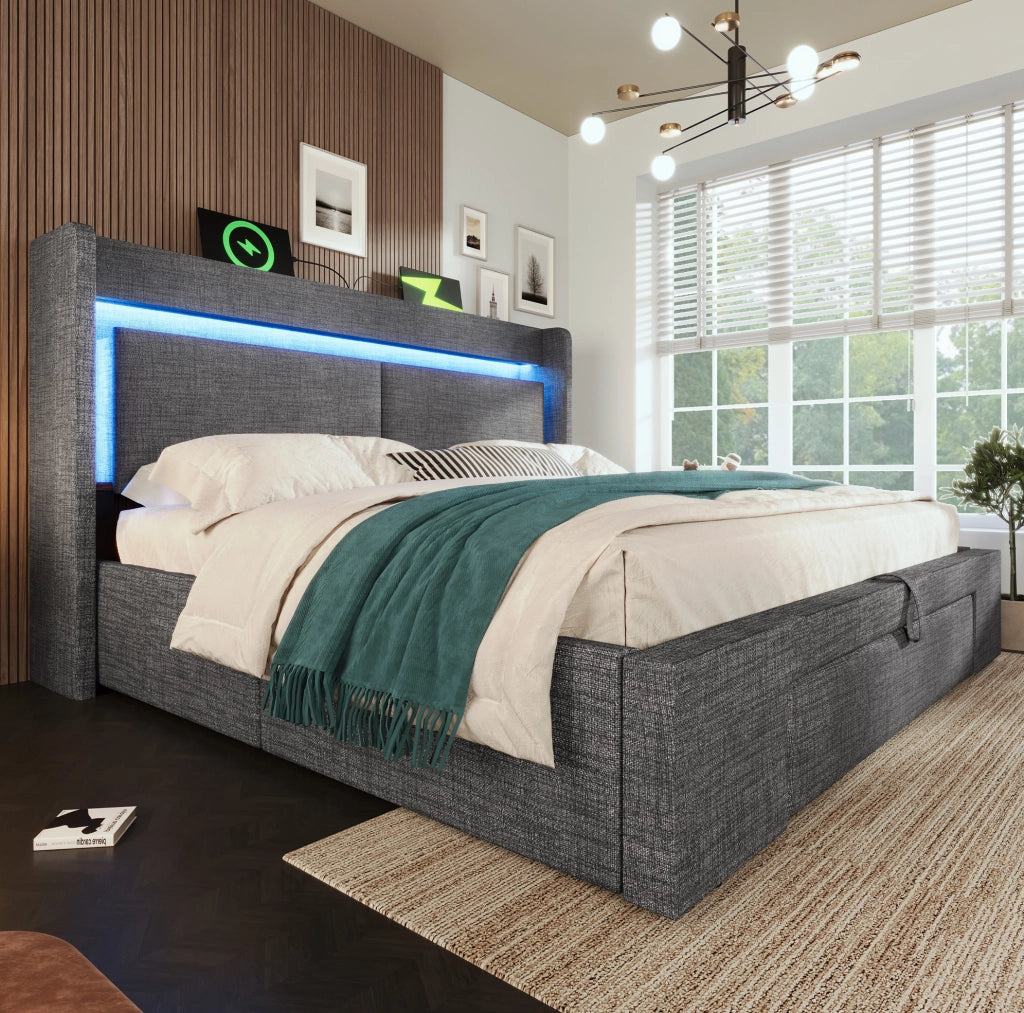 Letto imbottito grigio con testiera multifunzione, contenitore idraulico e LED