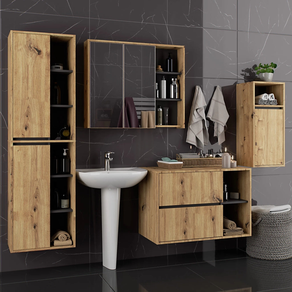 Set di mobili da bagno sospesi VAMI in Rovere Artisan con colore interno Grigio Grafite