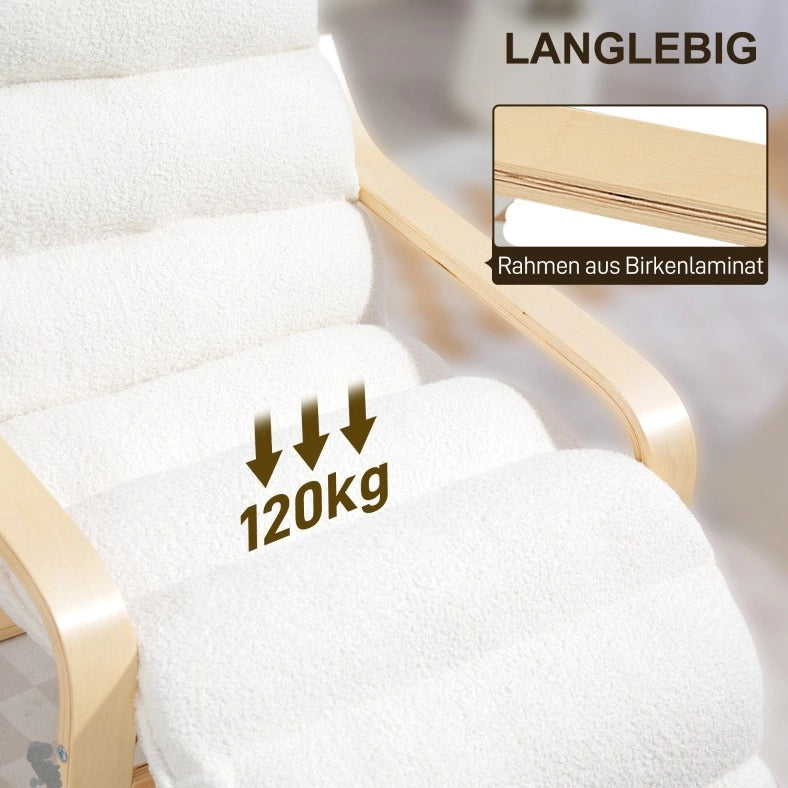 Poltrona relax bianca con poggiapiedi regolabile e struttura oscillante