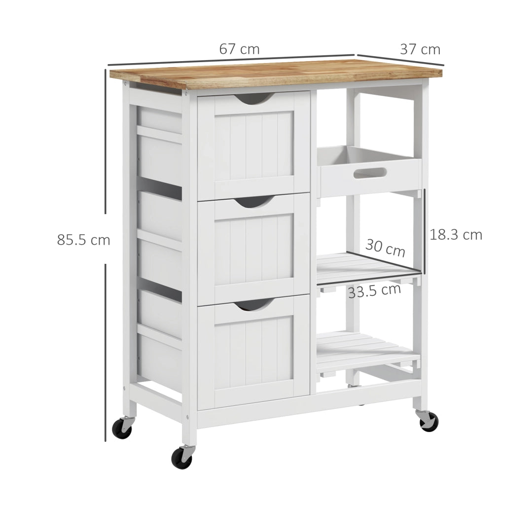 Carrello da Cucina con 3 Cassetti e 3 Ripiani Aperti ¨C Zephmum ¨C Legno Bianco 67x37x85.5 cm